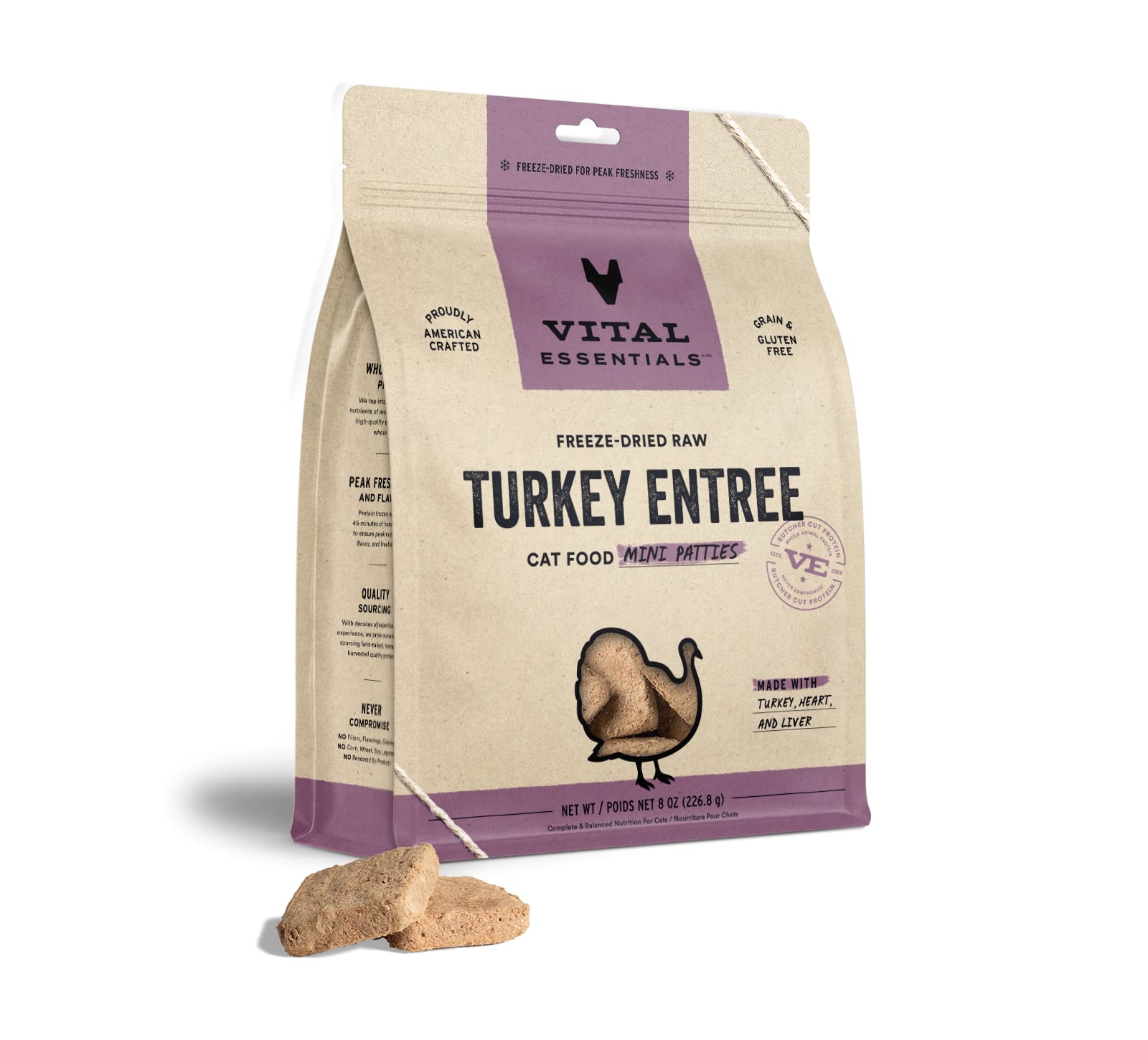 Vital Essentials Freeze-Dried Raw Cat Food, Turkey Mini Patties Entree, 8 oz