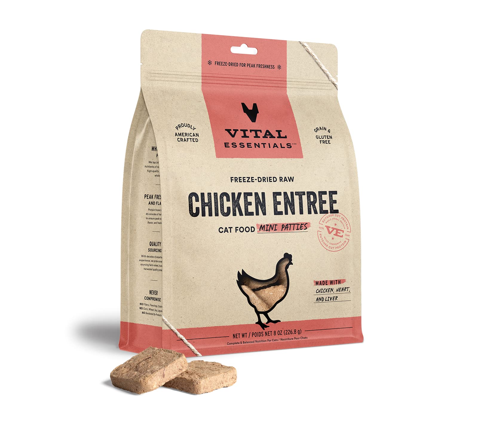 Vital Essentials Freeze-Dried Raw Cat Food, Chicken Mini Patties Entree, 8 oz