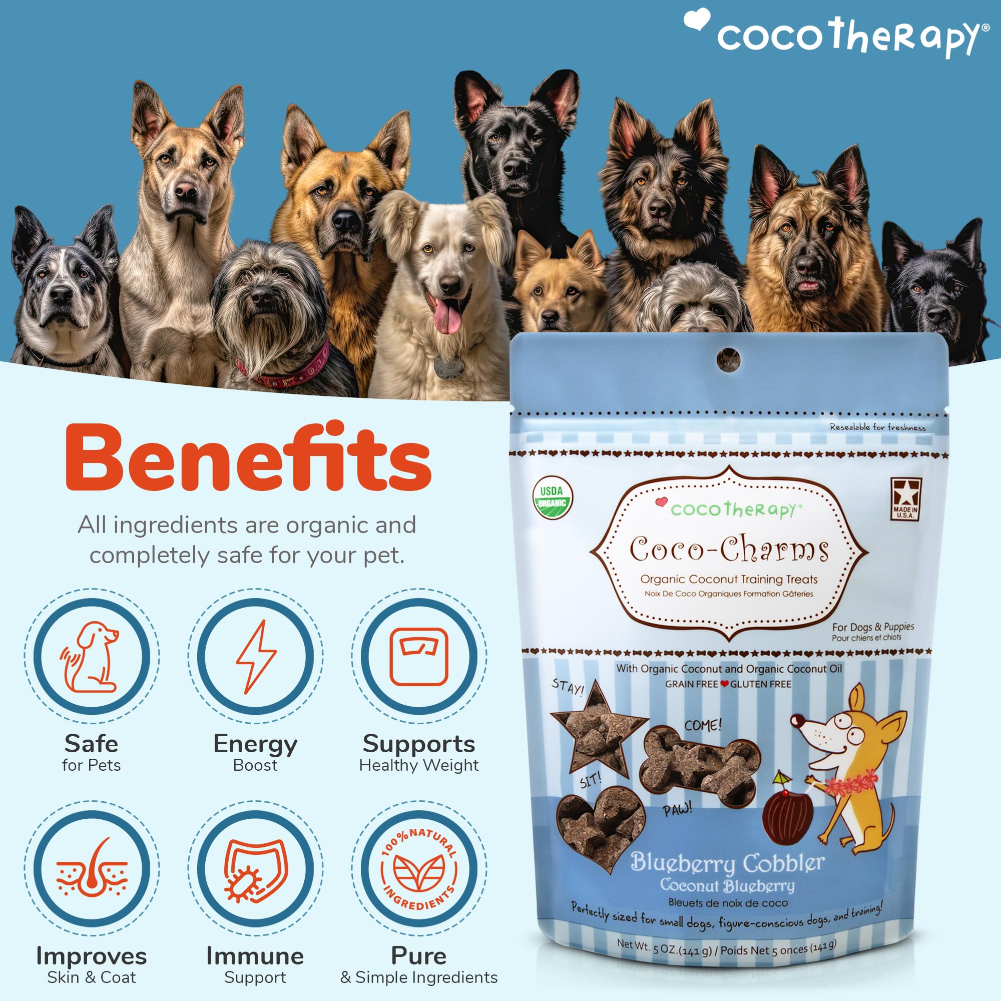 Cocotherapy Coco-Charms Blueberry Cobbler - Organic Dog Training Treats 5oz