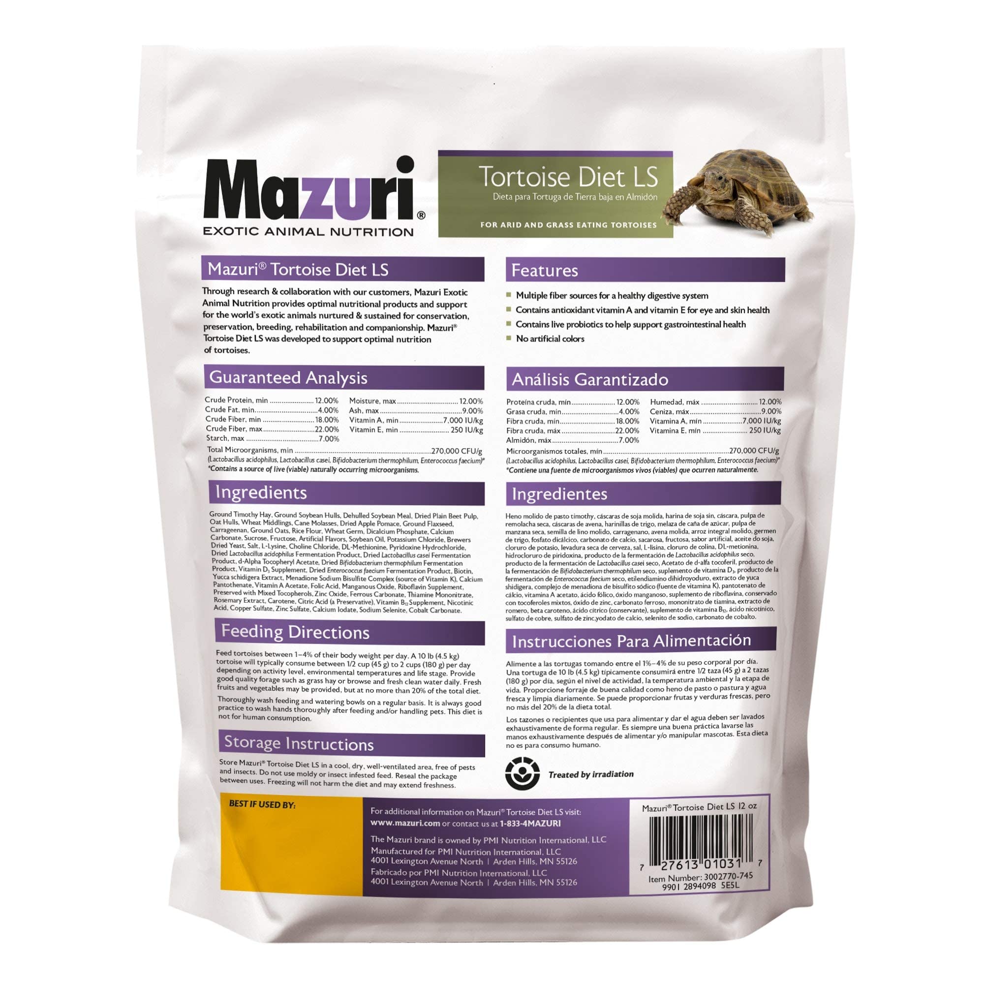 Mazuri Tortoise Diet LS Tropical Species High Fiber Low Starch Formulated 12oz